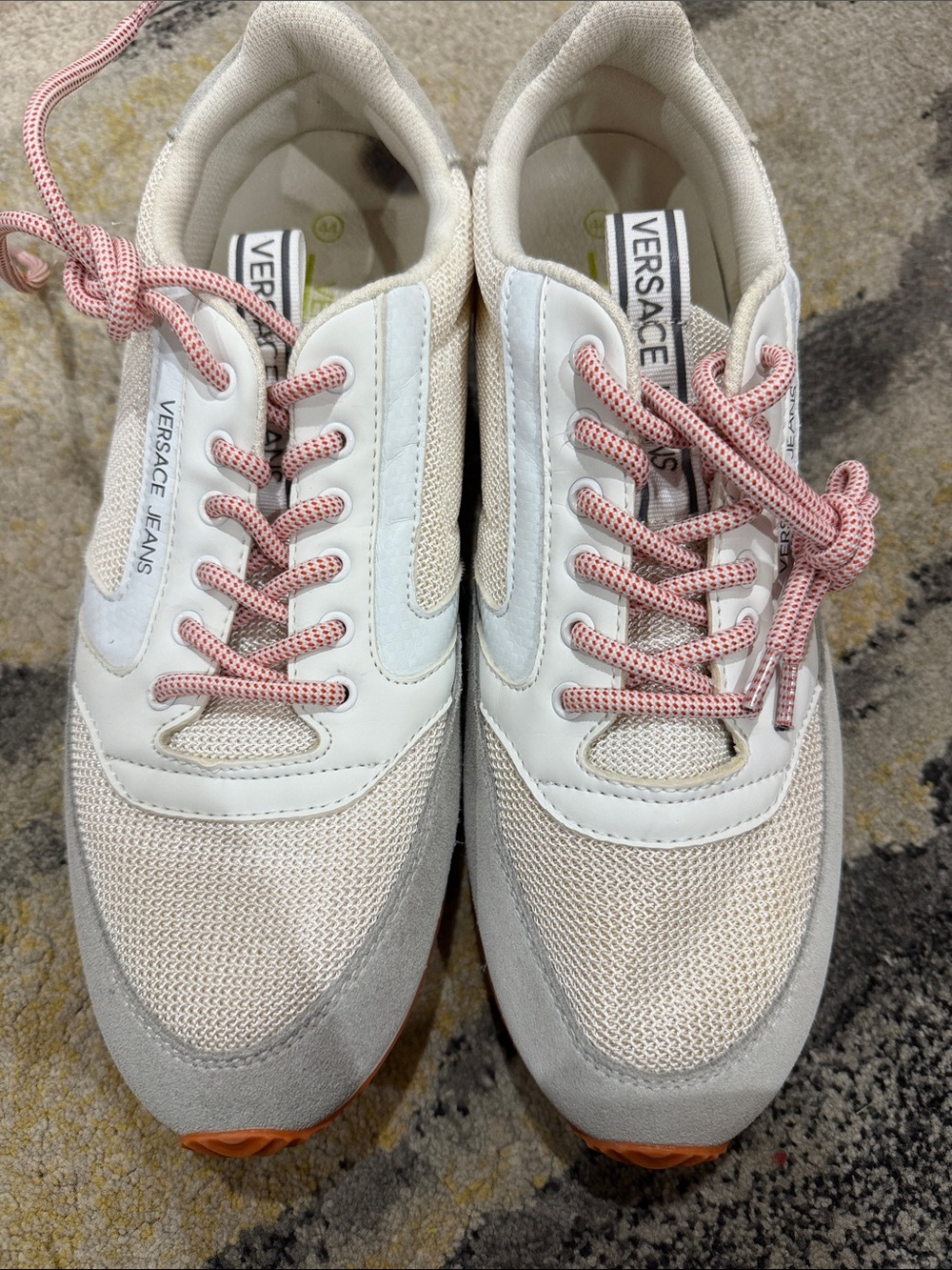 Versace Jeans Collection Women's White Cream Athletic Sneakers with Pink Laces